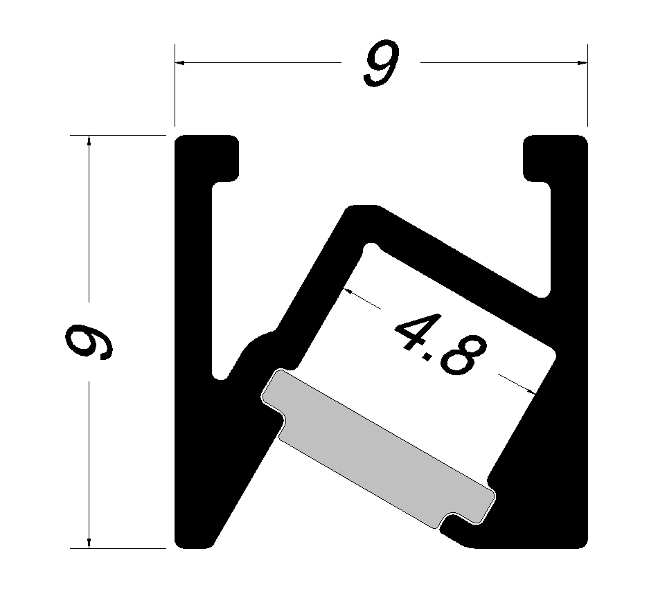 YD-2567 cross-section drawing: 4.8 mm internal channel, 9 × 9 mm body, channel rotated for angled beam